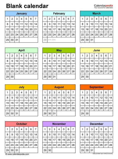 calendar whole year one page